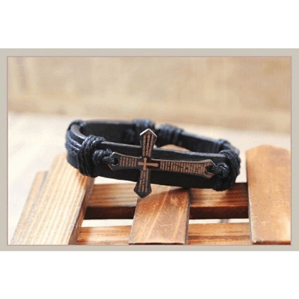 Genuine Black Leather Cross Unisex Bracelet - Picture 4 of 6